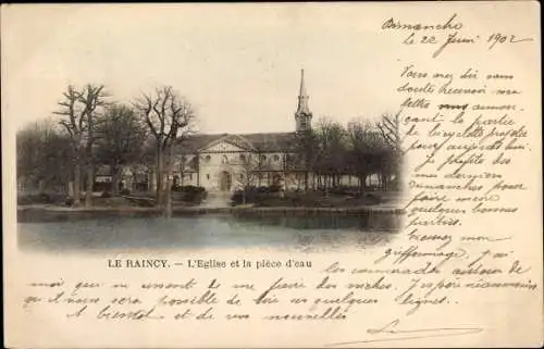 Ak Le Raincy Seine Saint Denis, L'Eglise et la piece d'eau