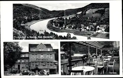 Ak Lindach Eberbach am Neckar, Teilansicht, Gasthof zum Hirsch, Aussen- und Innenansicht