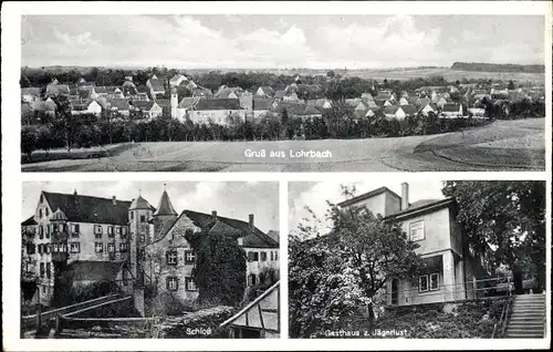 Ak Lohrbach Mosbach am Odenwald, Gesamtansicht, Schloss, Gasthof zur Jägerlust