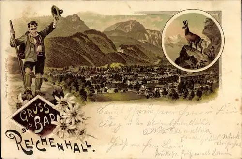 Litho Bad Reichenhall in Oberbayern, Ortschaft mit Landschaftsblick, Wanderer, Edelweiß, Gämse