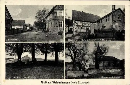 Ak Weidenhausen Gemeinde Meißner in Hessen, Dorfstraße, Festplatz, Kirche, Bäckerei Kolonialwaren