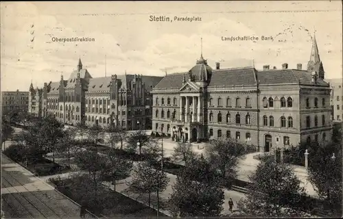 Ak Szczecin Stettin Pommern, Paradeplatz, Oberpostdirektion, Landschaftliche Bank