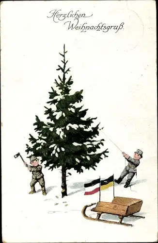 Ak Glückwunsch Weihnachten, Zwei Jungen beim Fällen eines Tannenbaumes, Schlitten