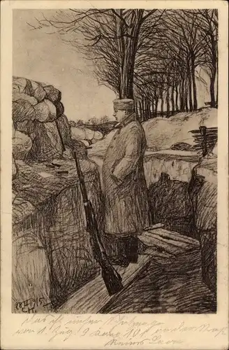 Künstler Ak Deutscher Soldat im Schützengraben, Kaiserreich, I.WK