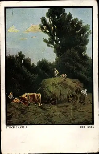 Künstler Ak Strich Chapell, Heuernte, Rinderfuhrwerk, Landwirtschaft