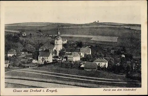 Ak Drehbach im Erzgebirge, Partie aus dem Niederdorf, Kirche, Felder