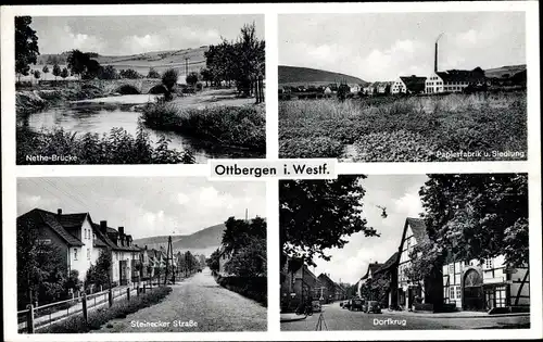 Ak Ottbergen Höxter an der Weser, Papierfabrik, Dorfkrug, Steinecker Straße, Nethe Brücke