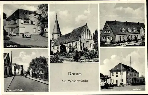 Ak Dorum Wurster Nordseeküste, Molkerei, Markplatz, Landwirtschaftsschule, Speckenstraße