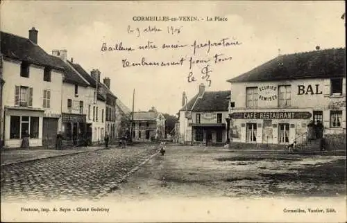 Ak Cormeilles sur Vexin Val d´Oise, La Place, Cafe Restaurant