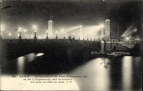 Ak Paris VII., Illumination du Pont Alexandre III, Esplanade des Invalides