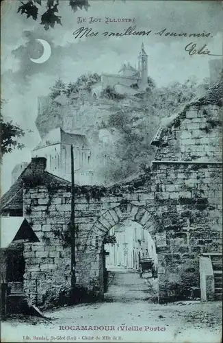 Mondschein Ak Rocamadour Lot, Vieille Porte, Blick durch einen Torbogen, Burg, Berg