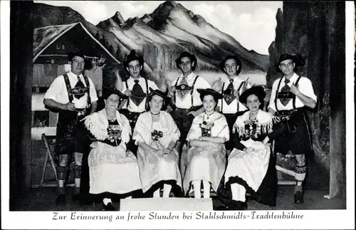 Ak Stahlschmidts Trachtenbühne, Männer und Frauen in bayerischer Tracht, Gruppenbild