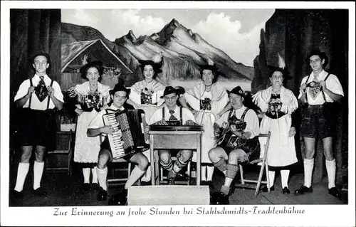 Ak Stahlschmidts Trachtenbühne, Männer und Frauen in bayerischer Tracht, Gruppenbild, Akkordeon