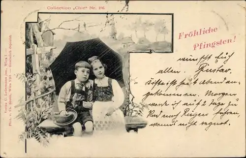 Ak Glückwunsch Pfingsten, Kinder in Trachten, Regenschirm