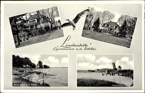 Ak Lindaunis Boren an der Schlei, Lindauhöh, Hebebrücke, Badestrand, Schleipartie, Möwe