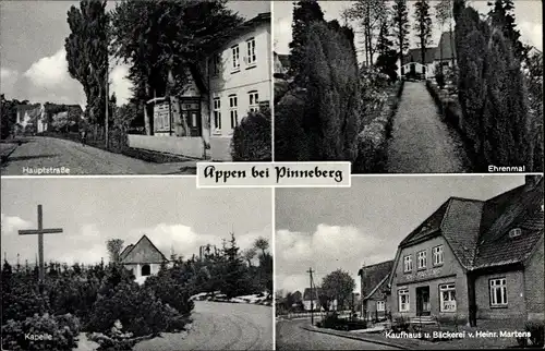 Ak Appen in Holstein, Hauptstraße, Ehrenmal, Kapelle, Kaufhaus, Bäckerei Heinr Martens