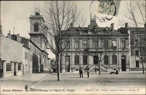 Ak Givors Rhône, La caisse d'Epargne et l'Eglise Saint Nicolas