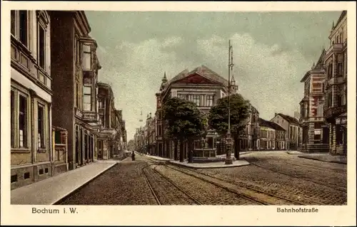Ak Bochum im Ruhrgebiet, Blick in die Bahnhofstraße, Straßenbahngleise