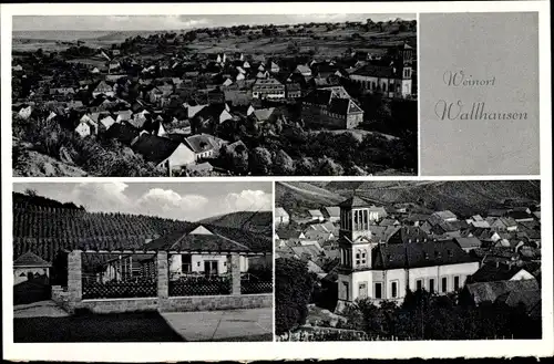 Ak Wallhausen bei Bad Kreuznach in Rheinland Pfalz, Gesamtansicht, Kirche, Kolonialwarenhandlung