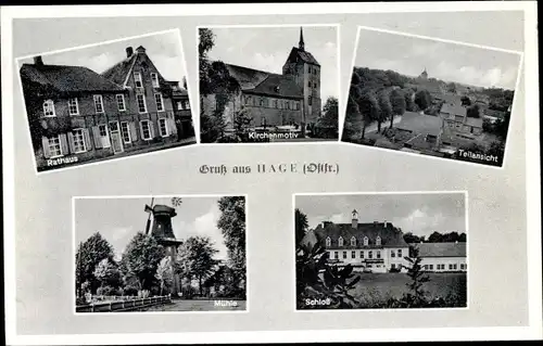 Ak Hage Ostfriesland, Rathaus, Kirche, Mühle, Schloss