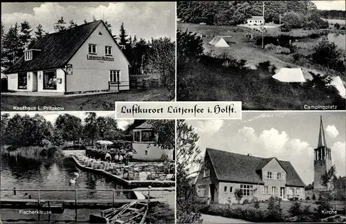 Ak Lütjensee Schleswig Holstein, Campingplatz, Kirche, Fischerklause, Kaufhaus