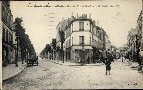 Ak Montreuil sous Bois Seine Saint Denis, Rue de Pre et Boulevard de l'Hotel de Ville