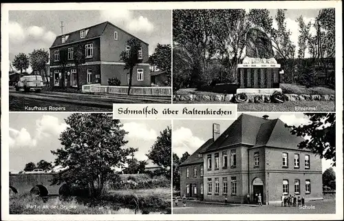 Ak Schmalfeld Schleswig Holstein, Kaufhaus Ropers, Ehrenmal, Schule, Brücke