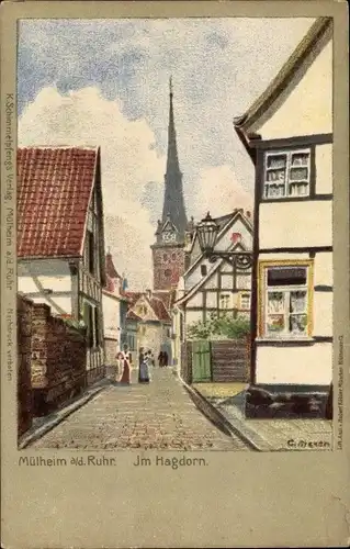 Künstler Litho Mülheim an der Ruhr in Nordrhein Westfalen, Im Hagdorn, Kirchturm, Fachwerkhäuser