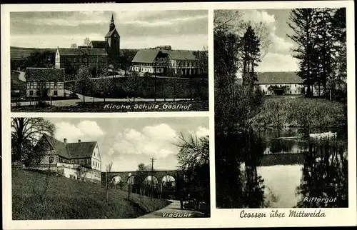 Ak Crossen Erlau in Sachsen, Kirche, Schule, Gasthof, Viadukt