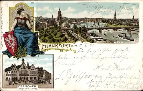 Wappen Litho Frankfurt am Main, Panorama, Brücke, Römer, Francofurtia