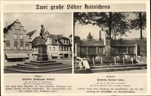 Ak Hainichen in Sachsen, Christian Fürchtegott Gellert, Friedrich Gottlob Keller, Denkmäler