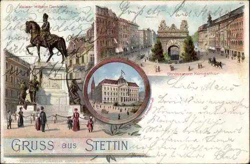 Litho Szczecin Stettin Pommern, Kaiser Wilhelm Denkmal, Straße am Königstor, Stadttheater