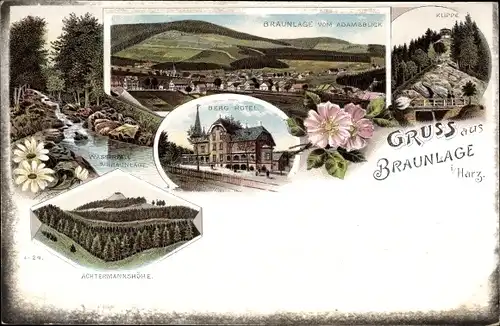 Litho Braunlage im Oberharz, Berg Hotel, Klippe, Achtermannshöhe, Wasserfall, Panorama v. Adamsblick