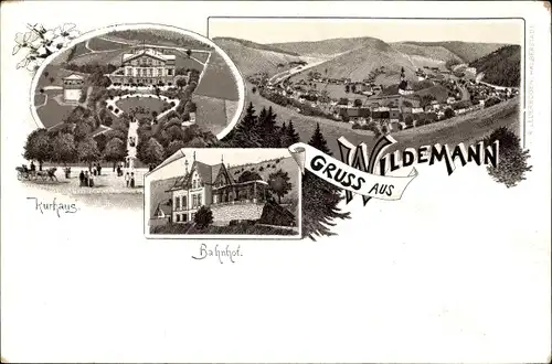 Litho Wildemann Clausthal Zellerfeld im Oberharz, Kurhaus, Bahnhof, Totalansicht