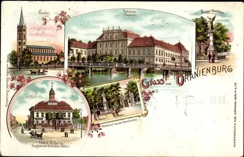 Litho Oranienburg in Brandenburg, Kirche, Schloss, Hotel Eiters, Denkmal Luise Henriette