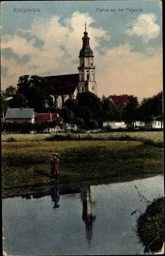 Ak Königsbrück in der Oberlausitz, Partie an der Pulsnitz, Kirche