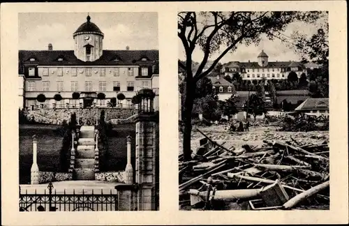 Ak Bad Gottleuba in Sachsen, vor dem Eingang zur Heilstätte vor und nach dem Unwetter