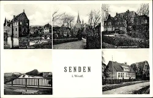 Ak Senden in Westfalen, Schloss, St Johannis Hospital, Realschule, Kanalpartie