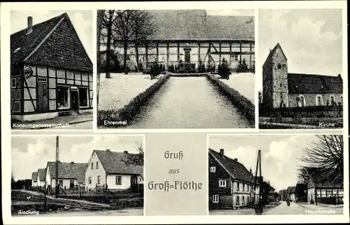 Ak Groß Flöthe in Niedersachsen, Kirche, Ehrenmal, Siedlung, Hauptstraße, Geschäftshaus