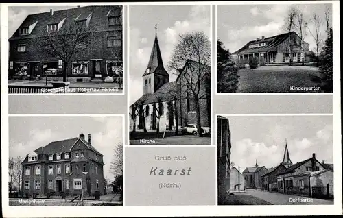 Ak Kaarst am Niederrhein, Geschäftshaus Robertz, Förkels, Kirche, Kindergarten, Marienheim