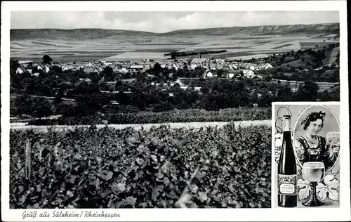 Ak Sulzheim Rheinhessen, Gesamtansicht, Frauenportrait, Wein, Reklame