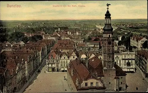 Ak Bolesławiec Bunzlau Schlesien, Blick auf den Ort von der katholischen Kirche aus