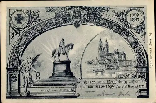 Litho Magdeburg in Sachsen Anhalt, Kaiser Wilhelm Denkmal, Dom