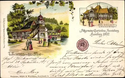 Litho Hamburg, Allg. Gartenbau Ausstellung 1897, Weinhütte im Tal, Samenhandlung