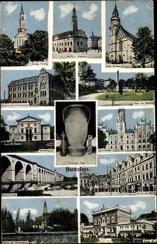 Ak Bolesławiec Bunzlau Schlesien, Kirche, Park, Stadttheater, Markt, Boberbrücke, Rathaus