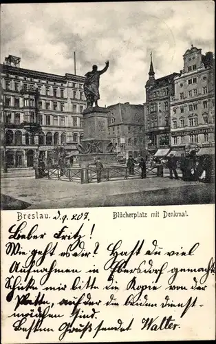 Ak Wrocław Breslau Schlesien, Blücherplatz mit Denkmal