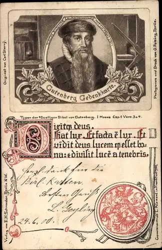 Litho Gutenberg Gedenkkarte, Portrait, Ausschnitt der Gutenberg Bibel