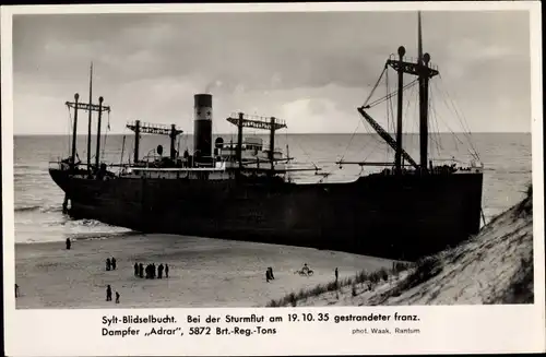 Ak Blidselbucht Sylt, Gestrandeter Dampfer Adrar, 19 10 1935, Chargeurs Réunis
