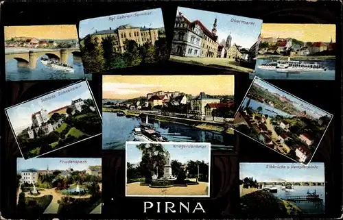 Ak Pirna in Sachsen, Salondampfer, Seminar, Friedenspark, Schloss Sonnenstein, Obermarkt, Denkmal