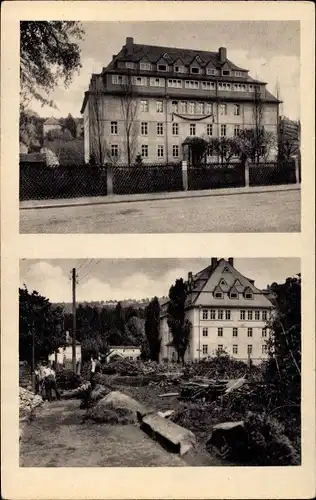 Ak Bad Gottleuba, Bahnhofstraße am Kinderheim, vor und nach dem Unwetter 1927